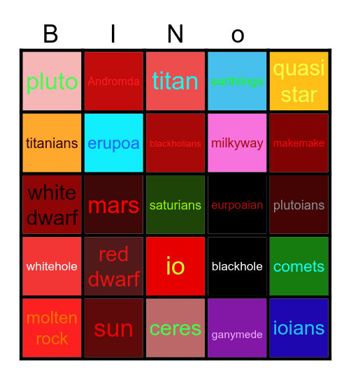 space bing Bingo Card