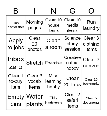 Day Tasks Bingo Card