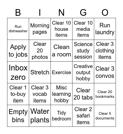 Day Tasks Bingo Card