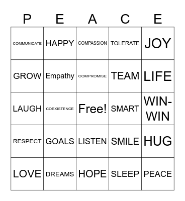 PEACE Bingo Card