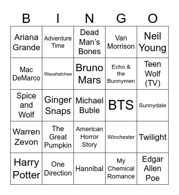 Moon/Wolf Music, Werewolves, & Scary TV Bingo Card