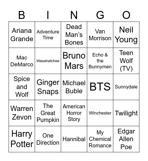 Moon/Wolf Music, Werewolves, & Scary TV Bingo Card