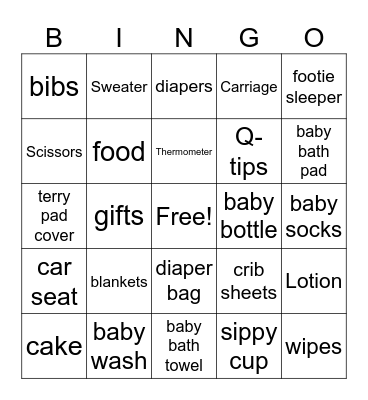 Baby SHOWER Bingo Card