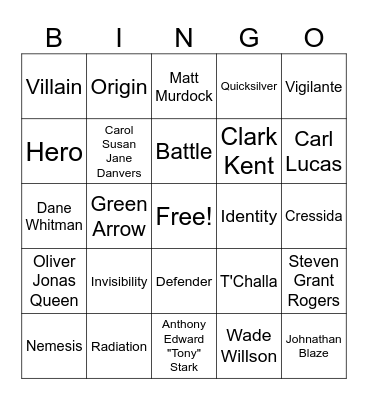 Marvel Bingo Card