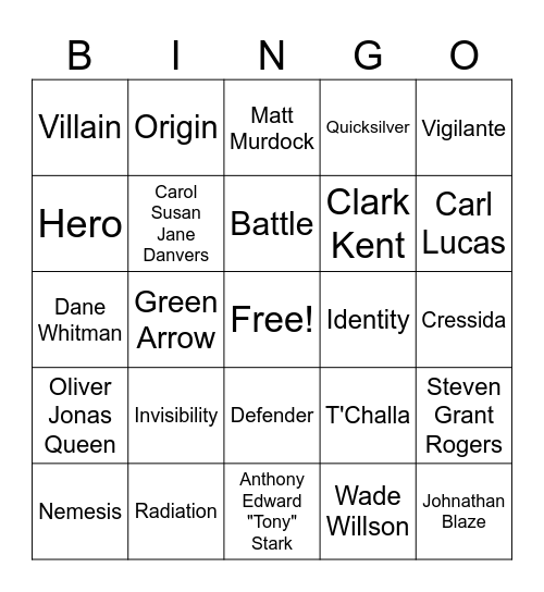 Marvel Bingo Card