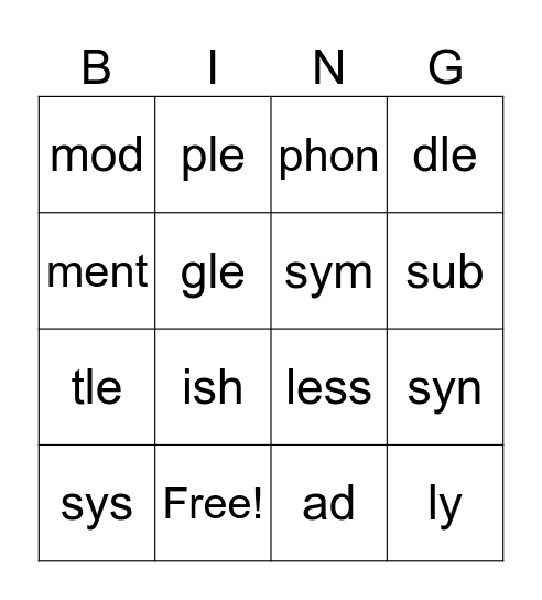 Sight Syllables Bingo Card