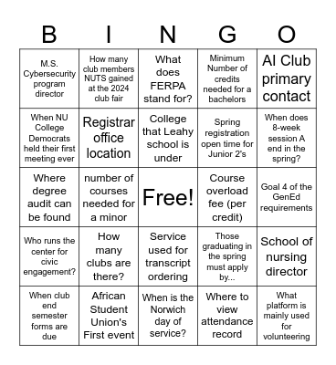 Academics & Activities Bingo Card