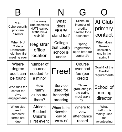 Academics & Activities Bingo Card