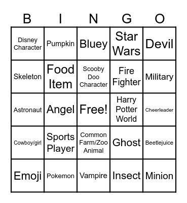 Halloween Costume Bingo Card