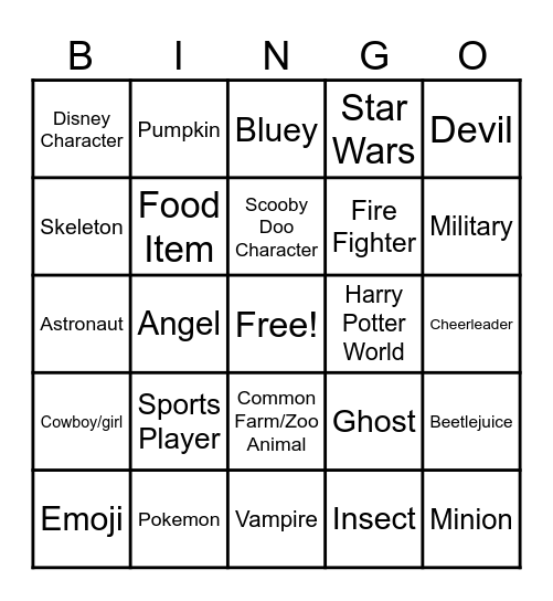 Halloween Costume Bingo Card
