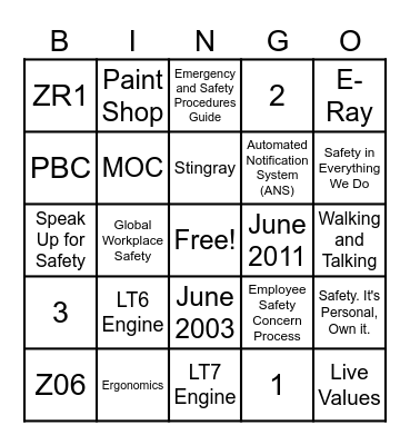 Corvette & Safety Bingo Card