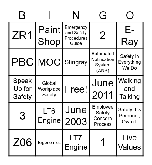 Corvette & Safety Bingo Card