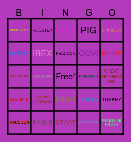 ANIMALS Bingo Card