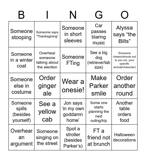 Onesie Brunch Bingo!! Bingo Card