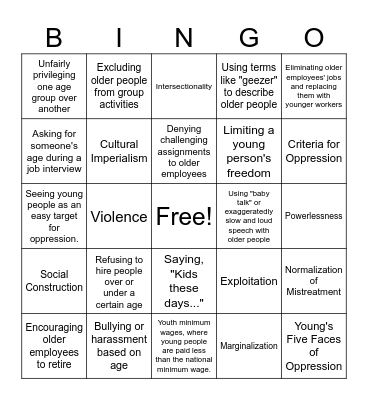 Youth and Elder Oppression Bingo Card
