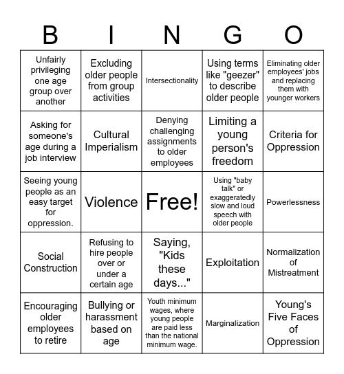 Youth and Elder Oppression Bingo Card