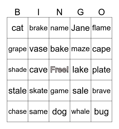 A-E Magic E Bingo Card