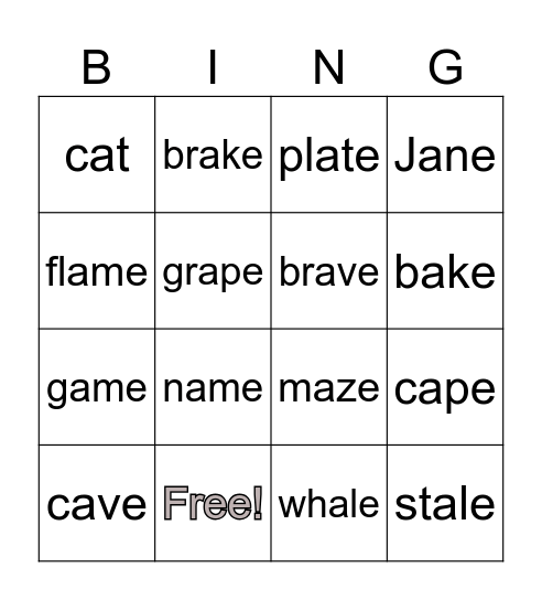 A-E Magic E Bingo Card