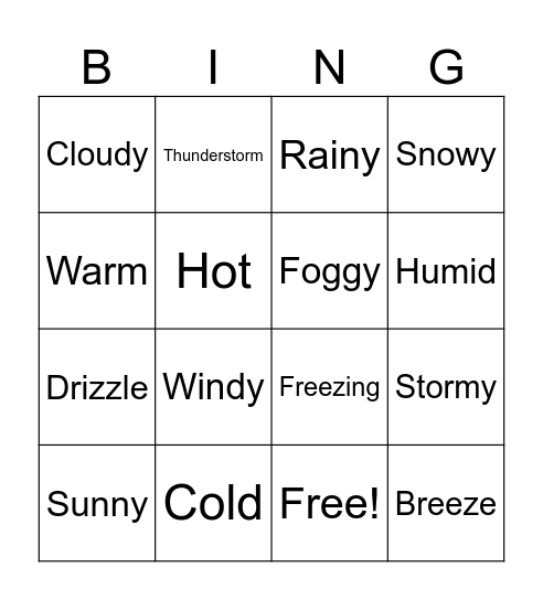 Weather Bingo Card