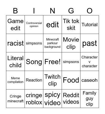 YouTube shorts Bingo Card