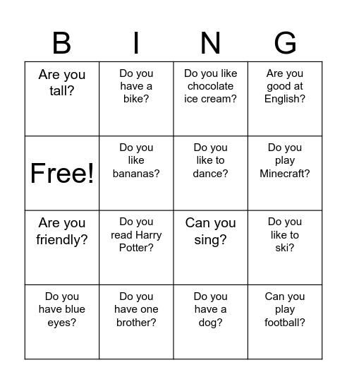 Basic Questions Bingo Card