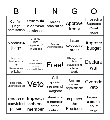 Checks and Balances Bingo Card