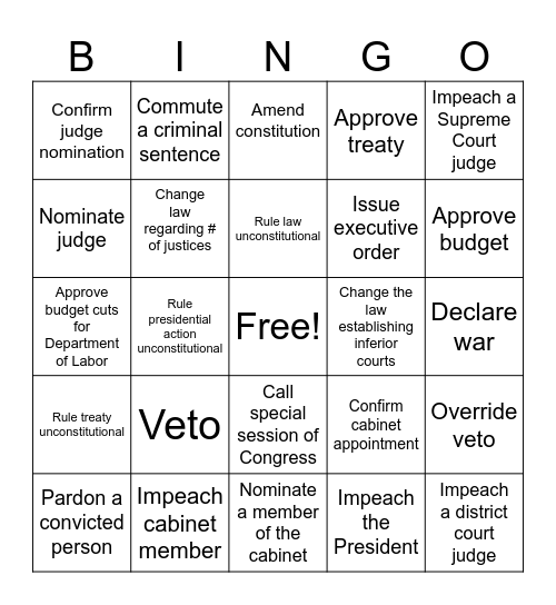 Checks and Balances Bingo Card