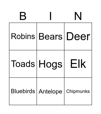 Wildlife Bingo Card