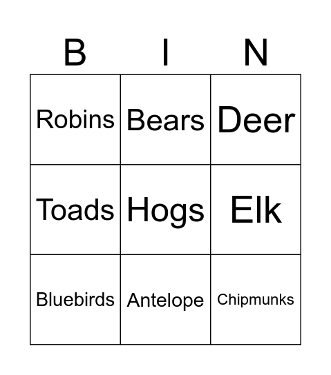 Wildlife Bingo Card