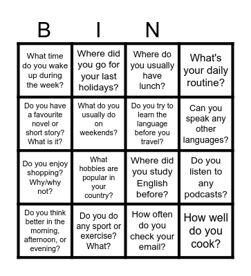 Adults Bingo Card