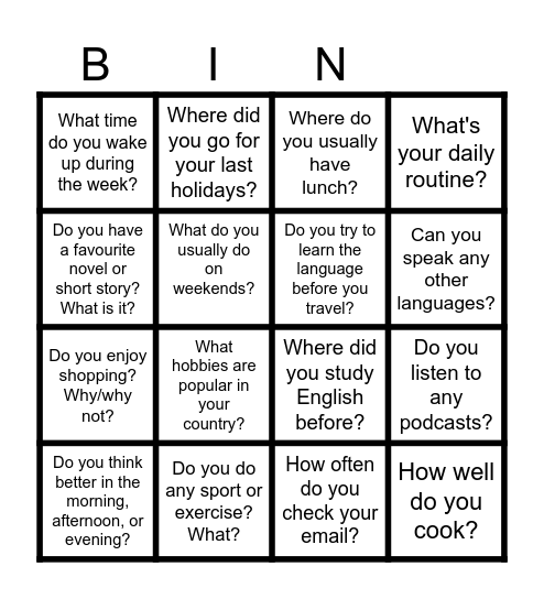 Adults Bingo Card