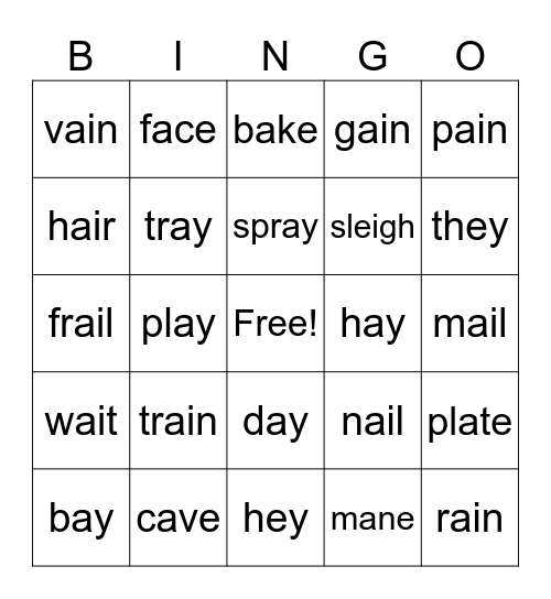 Long 'a' Bingo Card