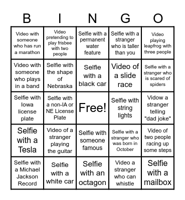 Whitley's Party Bus Bingo Card