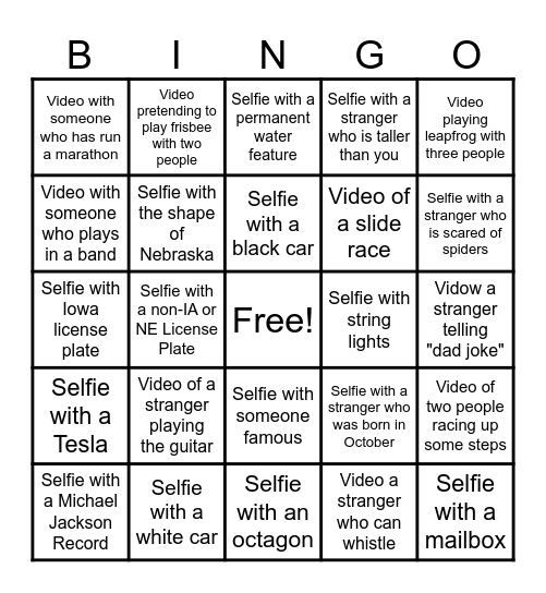 Whitley's Party Bus Bingo Card