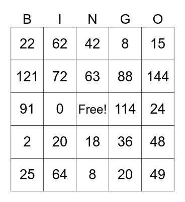 Multiplication Bingo Card