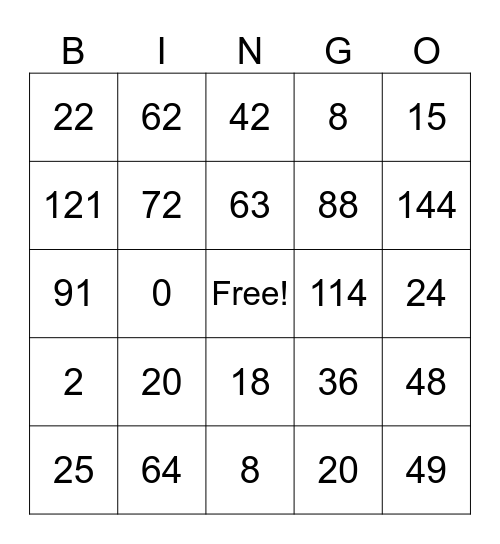 Multiplication Bingo Card