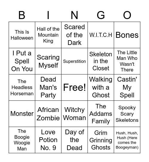 Halloween Song BINGO Card