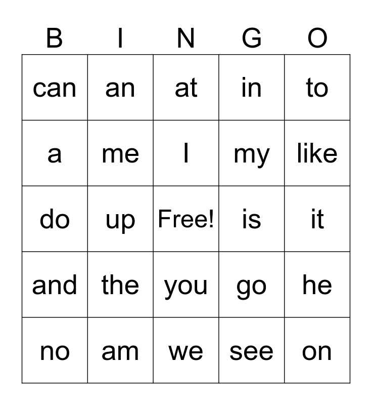 SNAP WORD LIST A Bingo Card