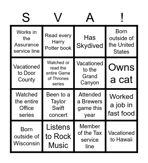 SVA Bingo Card