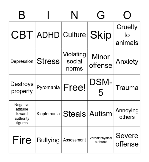 ODD and Conduct Disorder Bingo Card