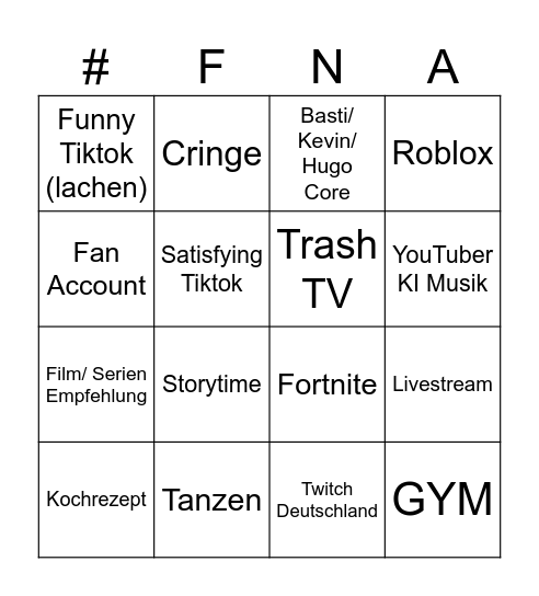 Tiktok Bingo Card