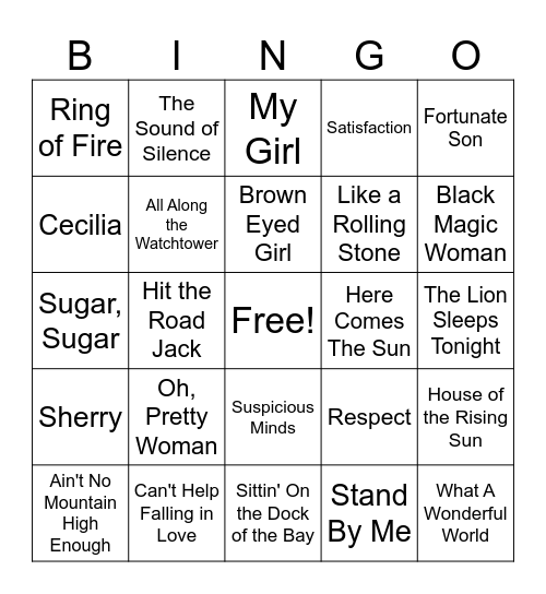 Music Bingo 60s Bingo Card