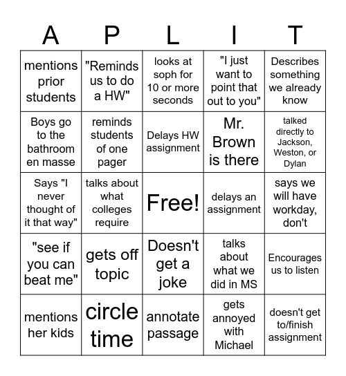 AP LIT bingo Card