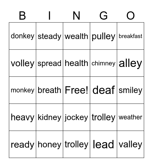 Short E Spelled EA /Long E Spelled EY Bingo Card