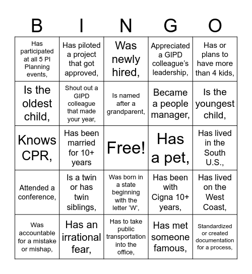 Get To Know You Bingo Card