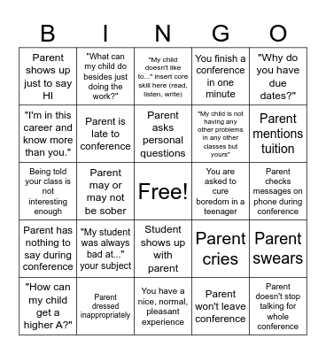 Parent Teacher Conferences Bingo Card