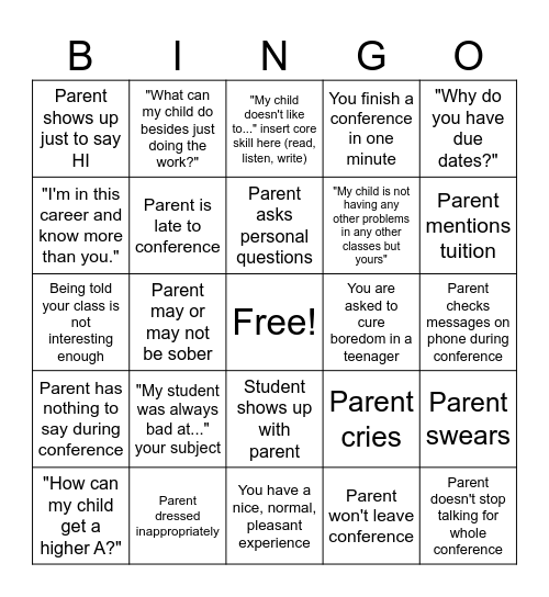 Parent Teacher Conferences Bingo Card