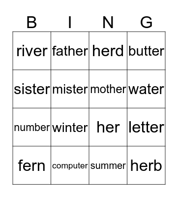 er words Bingo Card