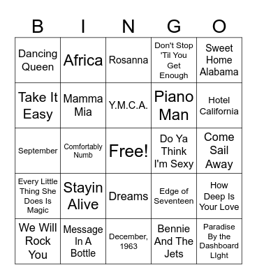 Music Bingo 70s Bingo Card