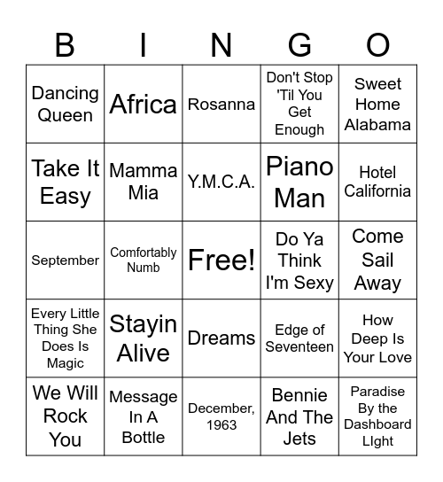 Music Bingo 70s Bingo Card